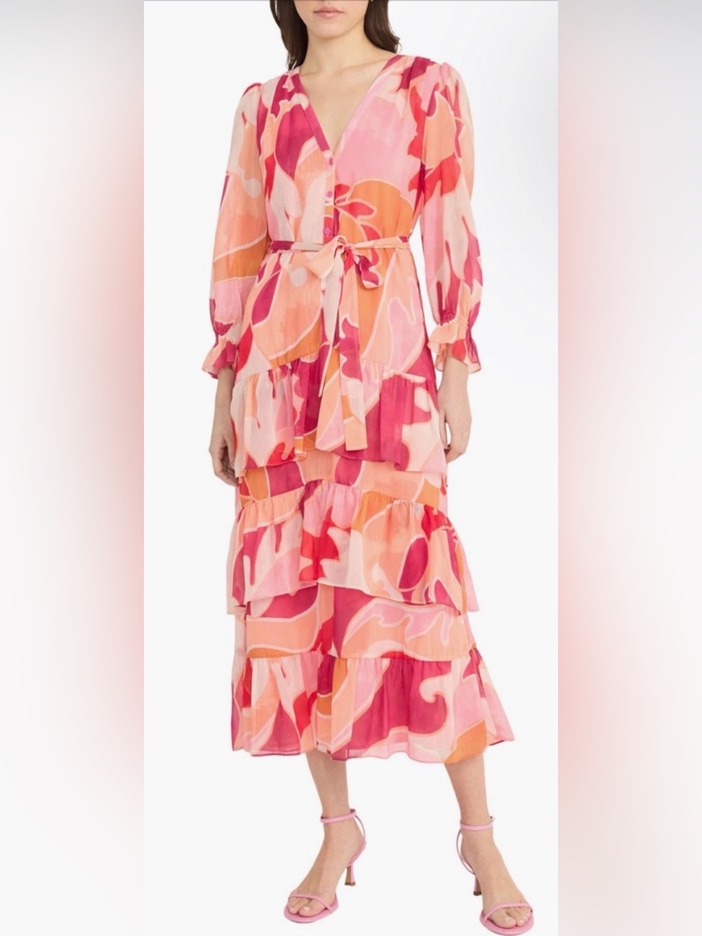 Donna Morgan Pink & Orange Abstract Print Tiered V-Neck Midi Dress